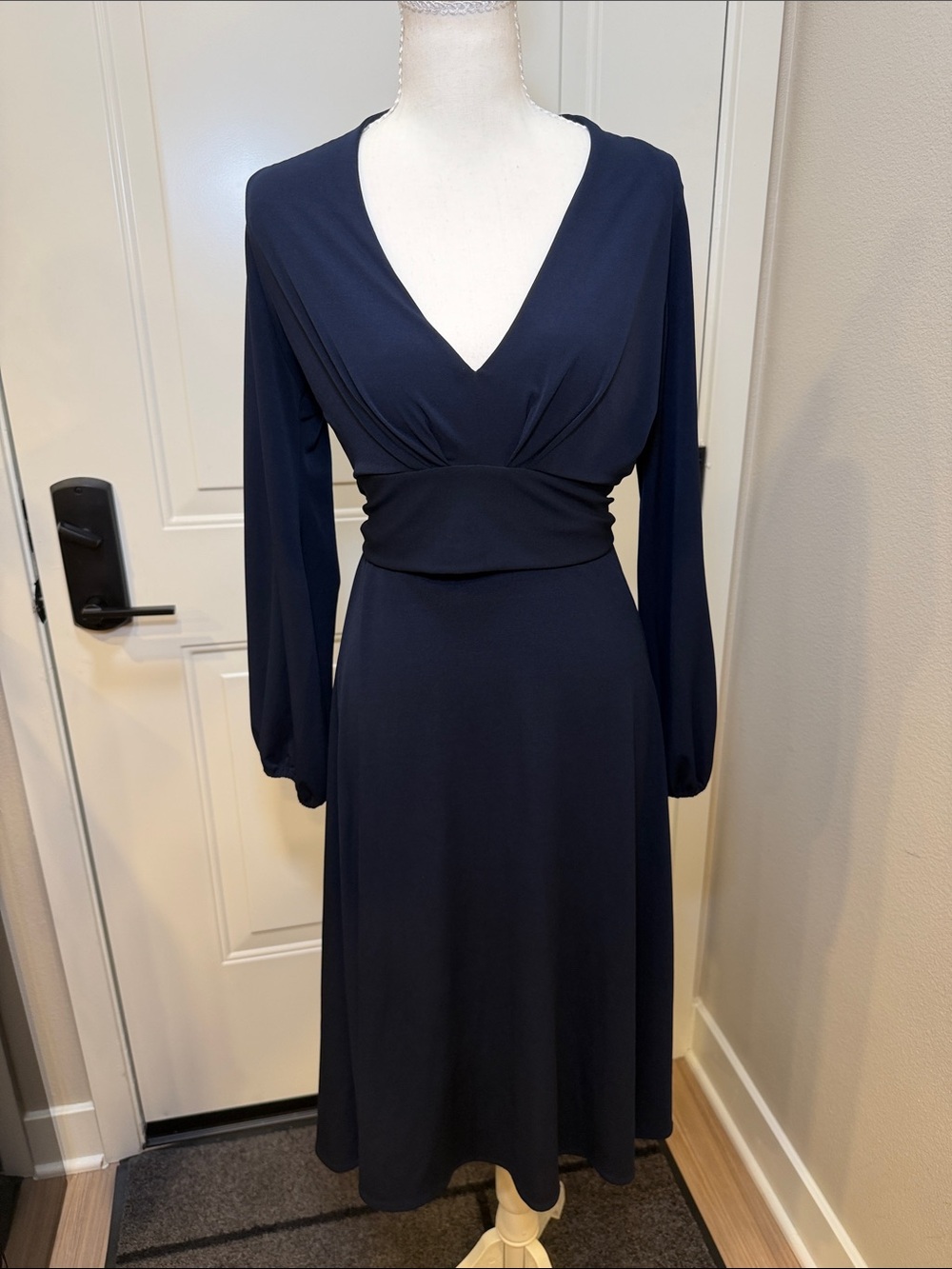 Moda International Navy V-Neck Long Sleeve Midi Dress